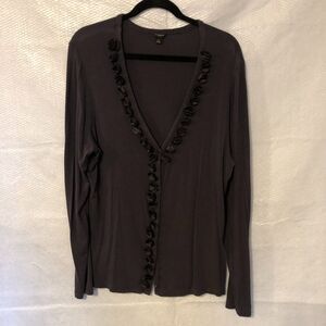 Ann Taylor Button Front Top Tunic Dark Gray Rosette Detail Modal Wool XL